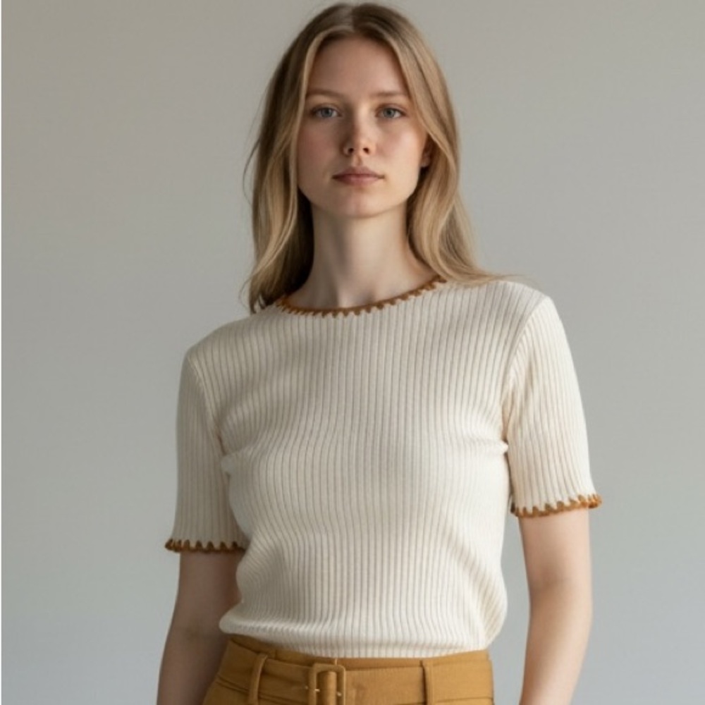 Zara Cream Ribbed Short-Sleeve Top with Brown Scalloped Trim